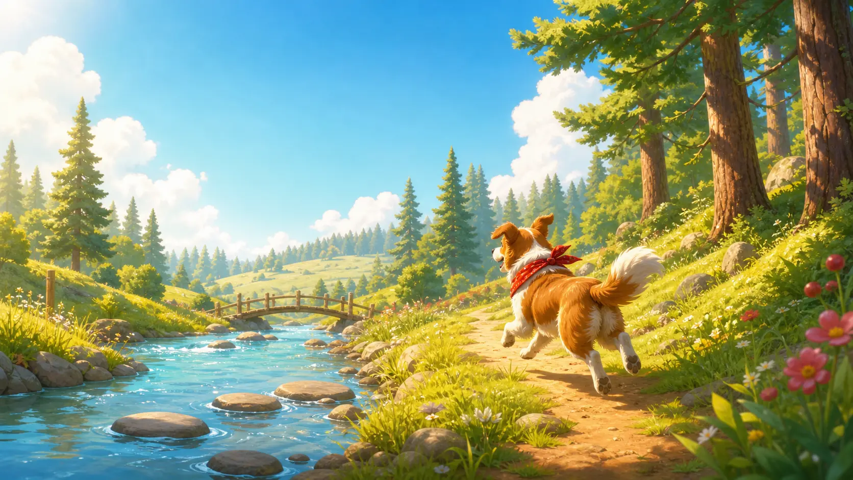 A happy bandana-wearing dog runs beside a sunny creek with stepping stones and pine trees.
